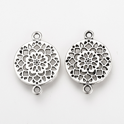 Tibetan Style Alloy Links/Connectors, Cadmium Free & Nickel Free & Lead Free, Flat Round with Flower