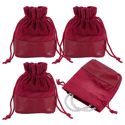 3Pcs Velvet & PU Leather Storage Bags, Drawstring Bags, Rectangle