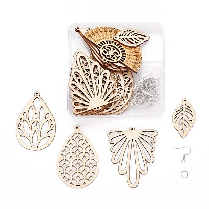 Kits de fabricación de pendientes colgantes de madera de bricolaje, incluyendo 20 piezas lágrima y rombo y abanico y hoja y grandes colgantes redondos planos de madera natural sin teñir, 40 ganchos de hierro para pendientes y anillos de salto