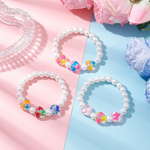 Браслеты ручной работы из стеклянной эмали и стеклянных жемчужных бусин, эластичные браслеты для девочек, сердце и круглый