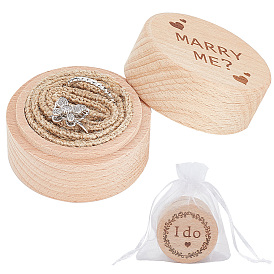 Cajas de almacenamiento de anillos de dedo de madera con forma de columna, con bolsa de organza blanca