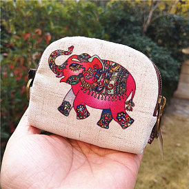 Elephant Pattern Burlap Wallets with Zipper, Change Purse, Clutch Bag for Women