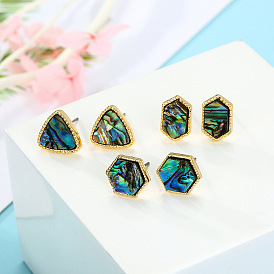 Hexagonal Imitation Abalone Shell Earrings with Triangle Seashell Studs - Resin Ear Jewelry