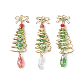 3Pcs 3 Colors Christmas Theme Copper Wired Glass Pendants, with Brass Bowknot, Christmas Tree