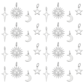 80 pièces 20 ensembles 4 styles 304 pendentifs en acier inoxydable, soleil & étoile & lune, avec anneau de saut