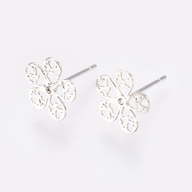 Brass Stud Earring Findings, with Loop, Flower, Real Platinum Plated