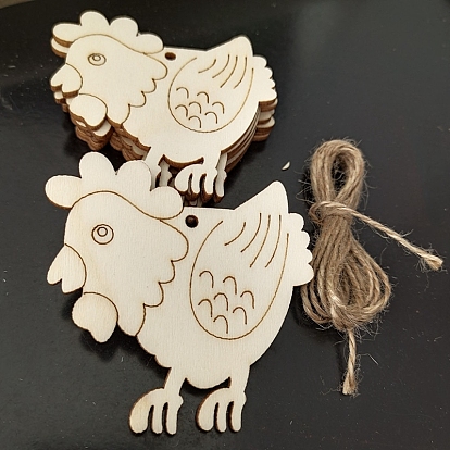 Easter Unfinished Wood Pendant Ornaments, with Hemp Rope, for Blank Crafts DIY Easter Party Hanging Decoration Supplies, Flower/Rabbit/Egg/Chick