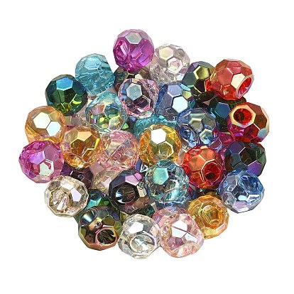 UV Plating Rainbow Iridescent Acrylic European Beads, Faceted, Large Hole Beads, Round