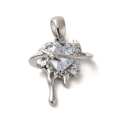 Brass Micro Pave Cubic Zirconia Pendants, Cadmium Free & Nickel Free & Lead Free, Planet & Heart