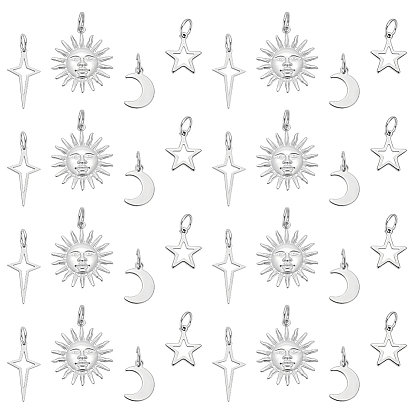 80 pièces 20 ensembles 4 styles 304 pendentifs en acier inoxydable, soleil & étoile & lune, avec anneau de saut