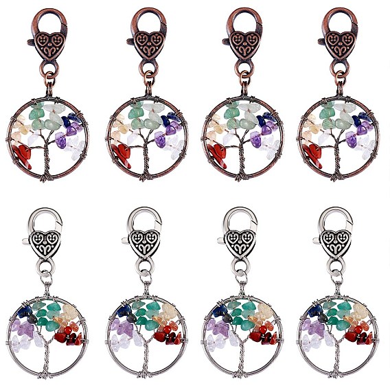 Natural/Synthetic Mixed Stone Pendant Decoration Sets, Flat Round with Tree of Life, with Heart Lobster Claw Clasps