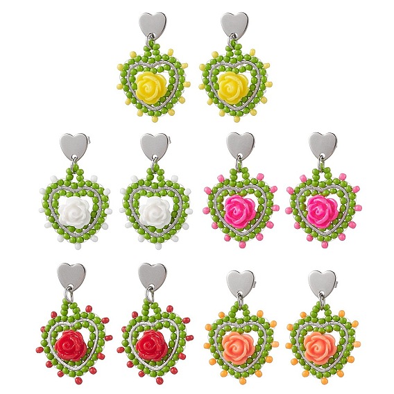 Серьги-гвоздики в форме сердца из нержавеющей стали со стеклянными вставками, платина