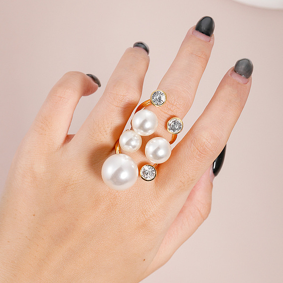 Латунные стразы регулируемые манжеты открытые кольца для женщин, с пластиковыми жемчугом