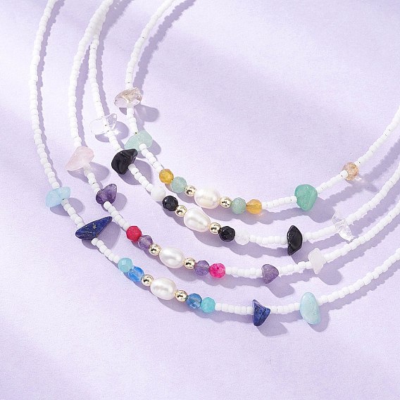 4 шт. 4 стили ожерелья из смешанных драгоценных камней, натурального культивированного пресноводного жемчуга и стеклянных семян для женщин, золотые