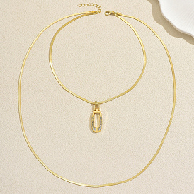304 Stainless Steel Geometric Hollow Oval Pendant Double Layer Necklaces for Women Casual and Daily Wear
