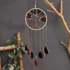 Подвеска в форме дерева жизни из натуральной черной агата, обмотанной латунной проволокой, кисточка из натурального агата для украшения дома и автомобиля