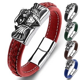 Stainless Steel Owl Link Bracelet with Leather Cord, Punk Bracelet with Magnetic Clasp for Men Women
