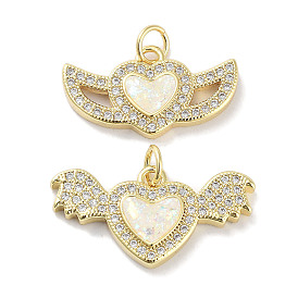Brass Micro Pave Clear Cubic Zirconia Pendants, with Synthetic Opal and Jump Rings, Real 18K Gold Plated, Heart wirh Wing Charms