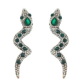Vintage Palace Style Snake-shaped Earrings with Diamond Inlay and Luxurious Green Gemstone Pendant