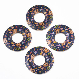 Printed Wood Pendants, Donut with Pattern