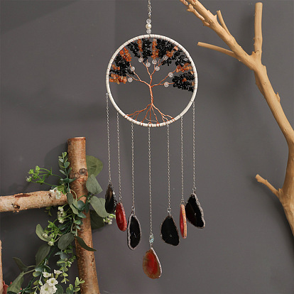 Подвеска в форме дерева жизни из натуральной черной агата, обмотанной латунной проволокой, кисточка из натурального агата для украшения дома и автомобиля
