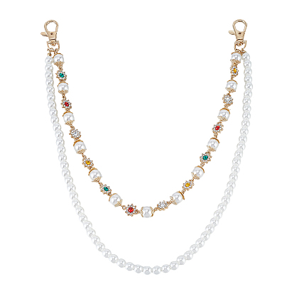 1Pc Imitation Pearl White Round Beaded and Alloy Colorful Rhinestone Flower Link Chain Belts for Pants