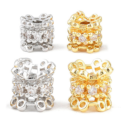 Brass Micro Pave Clear Cubic Zirconia Beads, Column with Flower, Rack Plating, Long-Lasting Plated, Lead Free & Cadmium Free