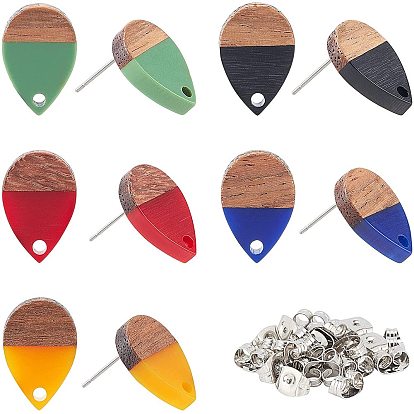 10 Pairs 5 Colors Resin & Walnut Wood Stud Earring Findings, with 304 Stainless Steel Pin and Ear Nuts, Teardrop