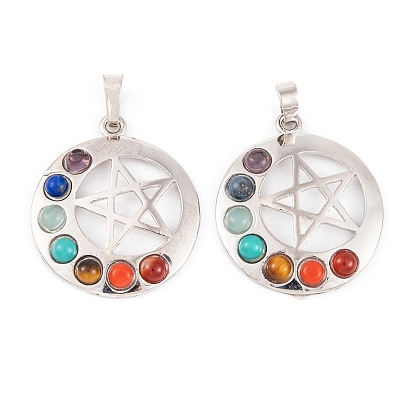 Chakra Natural Tiger Eye & Natural Lapis Lazuli & Natural Carnelian & Synthetic Turquoise & Glass Pendants, Rack Plating Alloy Star Charms, Long-Lasting Plated, Lead Free & Cadmium Free