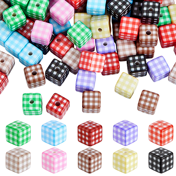 100 pièces 10 perles acryliques opaques imprimées en couleurs, cube à carreaux