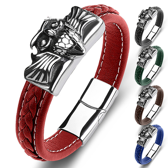 Stainless Steel Owl Link Bracelet with Leather Cord, Punk Bracelet with Magnetic Clasp for Men Women