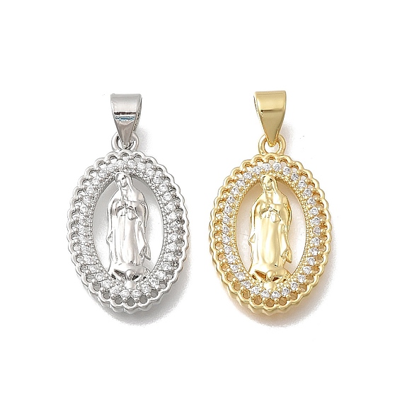 Латунные микро проложить кубического циркония подвески, овальные с рисунками " virgin mary", без кадмия и без свинца, стойки покрытие, долговечный