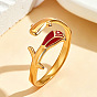 304 Stainless Steel Enamel Cuff Open Rings, Flower, Golden