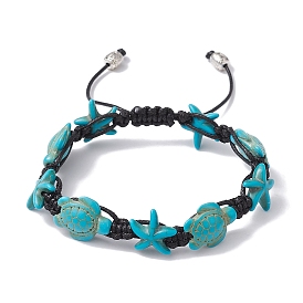 Synthetic Turquoise Starfish & Turtle Braided Bead Bracelet, with Polyester Cord