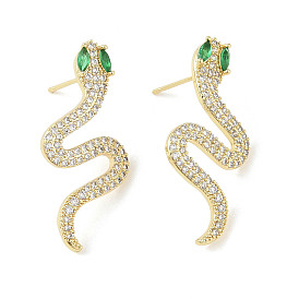 Snake Brass Pave Clear & Green Cubic Zirconia Stud Earrings for Women