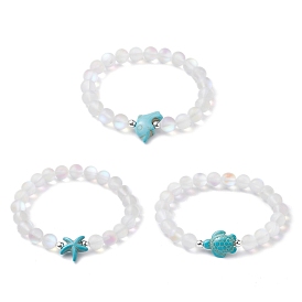 3 пляжные браслеты из синтетической бирюзы с дельфинами, черепахами и морскими звездами, окрашенные в бирюзовый цвет, 8круглые эластичные браслеты из синтетического лунного камня диаметром мм, для женщин мужчин