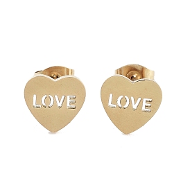 Vacuum Plating 304 Stainless Steel Stud Earrings for Women, Hollow Heart with Word Love
