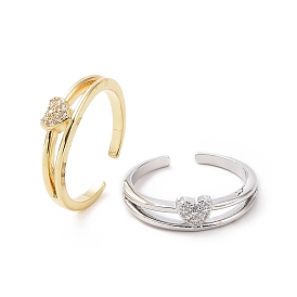 Clear Cubic Zirconia Heart Open Cuff Ring, Brass Jewelry for Women
