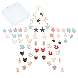 60Pcs 10 Style Light Gold Alloy Enamel Charms, Cadmium Free & Lead Free, Star & Ice Cream & Flower & Crown & Butterfly & Heart & Wooden Horse & Clover