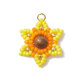 Natural Tiger Eye Glass Seed Beaded Pendants, Flower Charms with Golden Tone Jump Rings