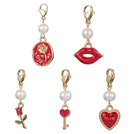 5Pcs Valentine's Day Alloy Enamel Pendant Decorations, Pearl Beads and 304 Stainless Steel Lobster Claw Clasps Charms, Heart/Rose/Lip/Key