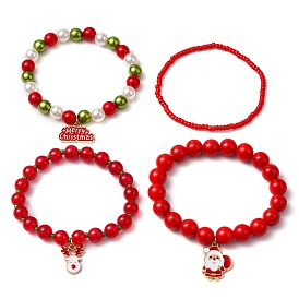 4Pcs 4 Styles Merry Christmas Deer & Santa Claus Alloy Enamel Charm Bracelet Sets, Glaa and Acrylic Beaded Stretch Stackable Bracelets