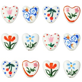 12Pcs 6 Colors Handmade Porcelain Ceramic Beads, Heart with Flower Pattern, Famille Rose Style
