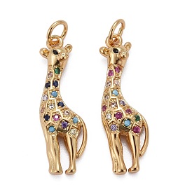 Brass Micro Pave Colorful Cubic Zirconia Pendants, Long-Lasting Plated, with Jump Rings, Giraffe