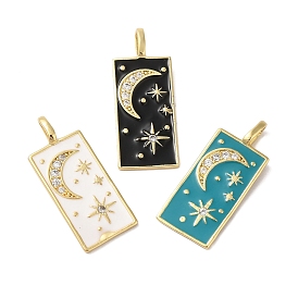 Rack Plating Brass & Cubic Zirconia Pendants, with Enamel, Cadmium Free & Lead Free, Long-Lasting Plated, Rctangle, Real 18K Gold Plated, Rectangle with Moom and Star