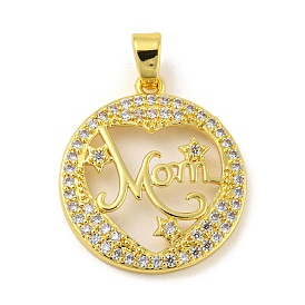 Real 18K Gold Plated Mother's Day Rack Plating Brass Micro Pave Cubic Zirconia Pendants, Long-Lasting Plated, Lead Free & Cadmium Free, Round with Word Mom