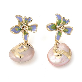 Natural Pearl Dangle Earrings, Flower Brass Micro Pave Clear Cubic Zirconia Enamel Dangle Earrings for Women