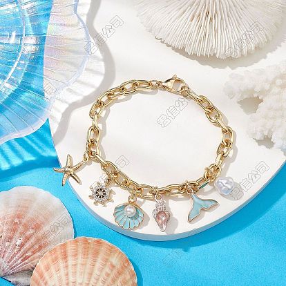 Pulseras con dijes de perlas de imitación de plástico abs y esmalte de aleación en forma de estrella de mar y concha de playa de verano, Pulseras de cable de latón con tema oceánico para mujer.