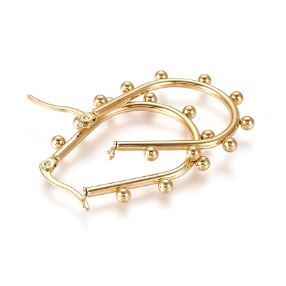 304 Stainless Steel Hoop Earrings, Hypoallergenic Earrings, with Round Beads, Teardrop