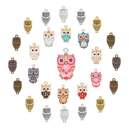 55Pcs 15 Style Alloy Enamel Pendants, Owl